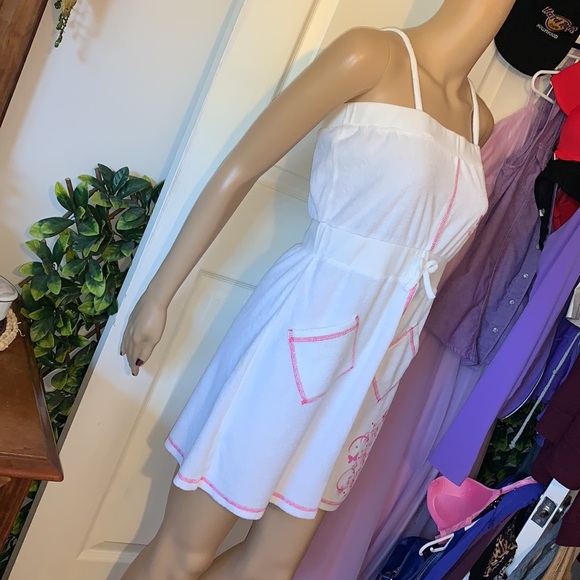 White Terry towel mini dress sundress with pockets S M - Picture 8 of 16